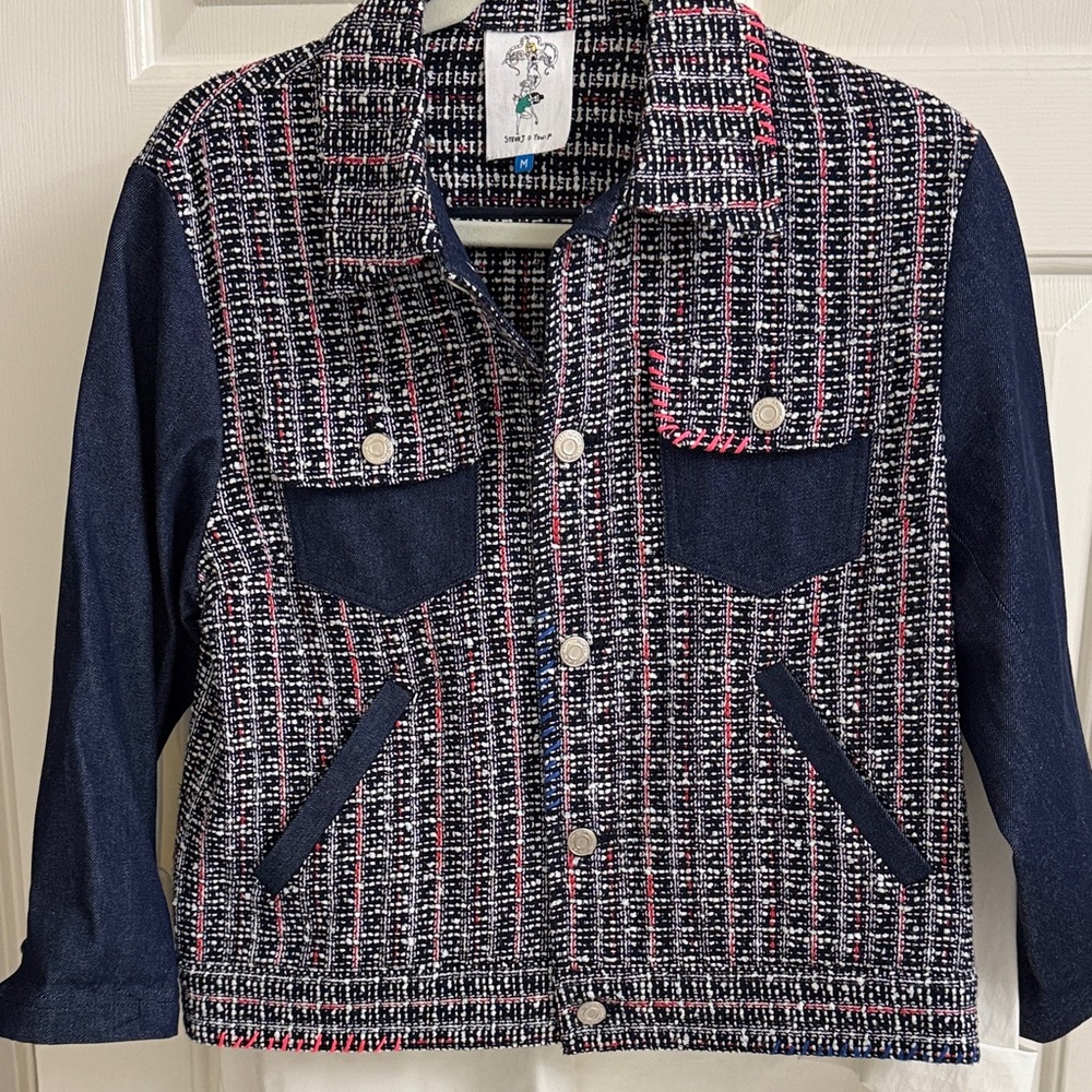 Steve J & Yoni P Denim & Boucle Jacket - Navy, White, Pink, & Red